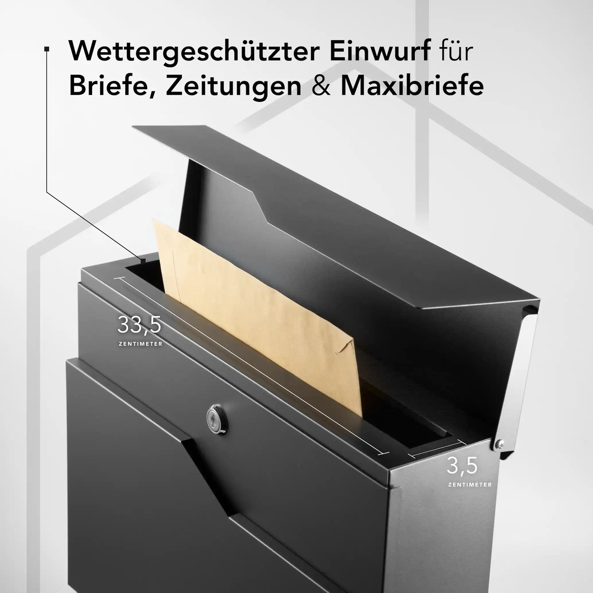 Briefkasten mit wettergeschütztem Einwurf – geeignet für Briefe, Zeitungen und Maxibriefe; Einwurföffnung 33,5 cm breit und 3,5 cm hoch